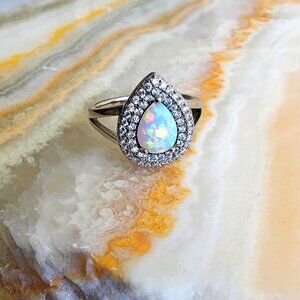 925 Sterling Silver Pear Cut Opal Style Teardrop Halo Ring
